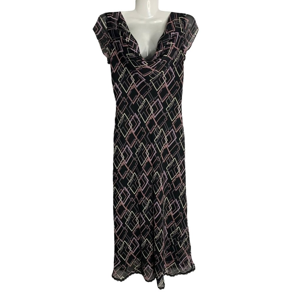 Vintage Y2K BCBG Silk Sheath Dress 2 Black Geometric Cowl Neck Midi Lined